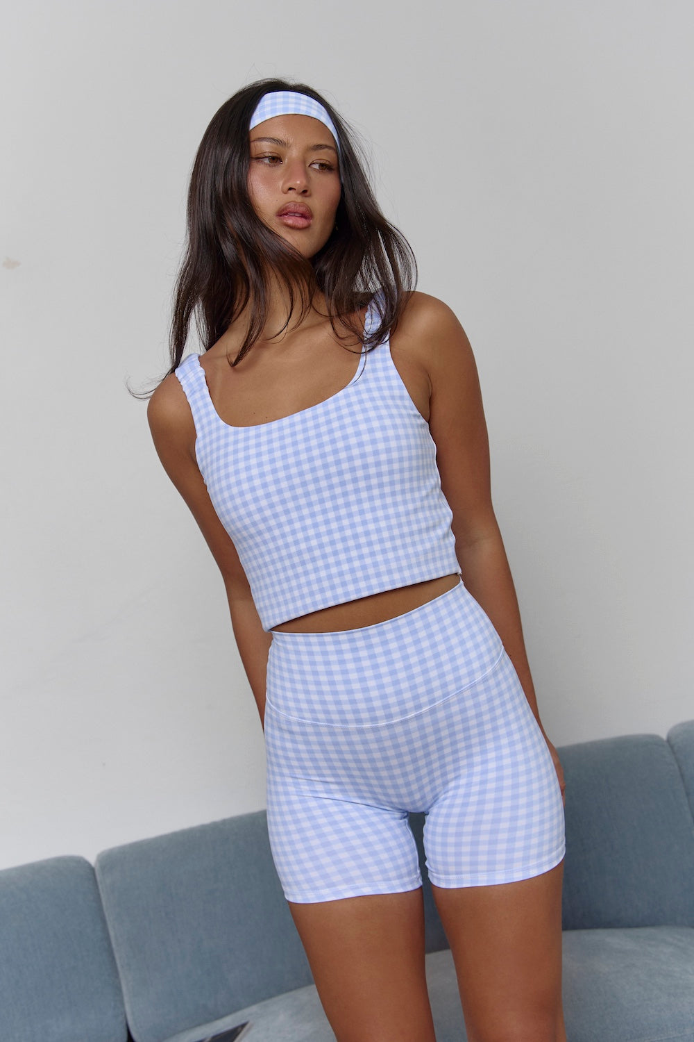 Astoria LUXE BALANCE Long Length Ruched Sports Crop - Blue Gingham