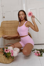 Astoria LUXE BALANCE Long Length Ruched Sports Crop - Pink Gingham