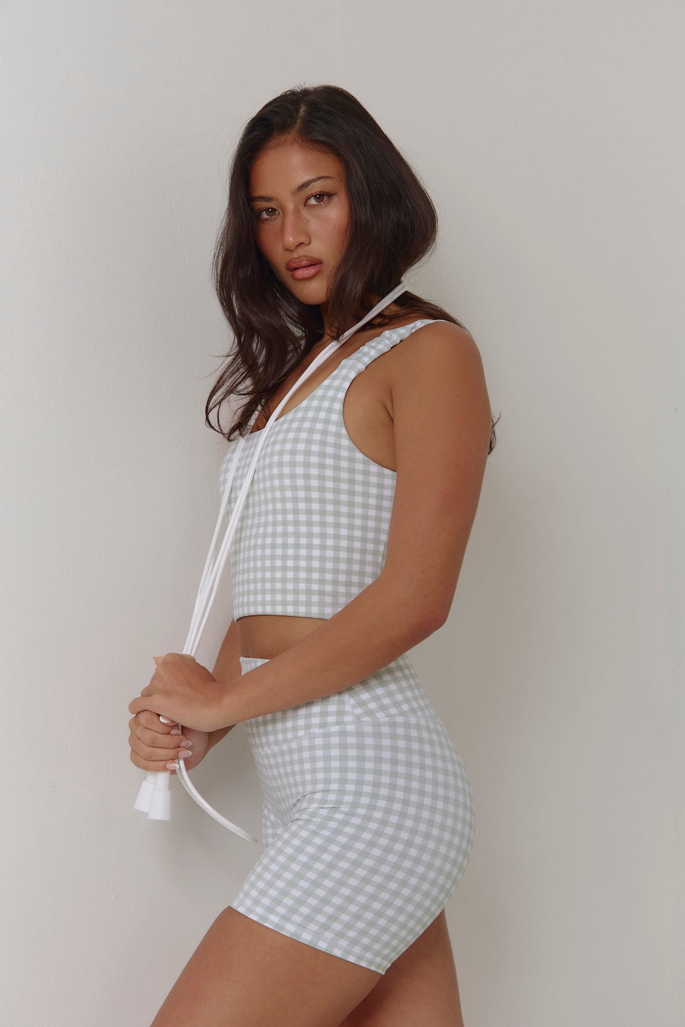 Astoria LUXE BALANCE Long Length Ruched Sports Crop - Jade Gingham